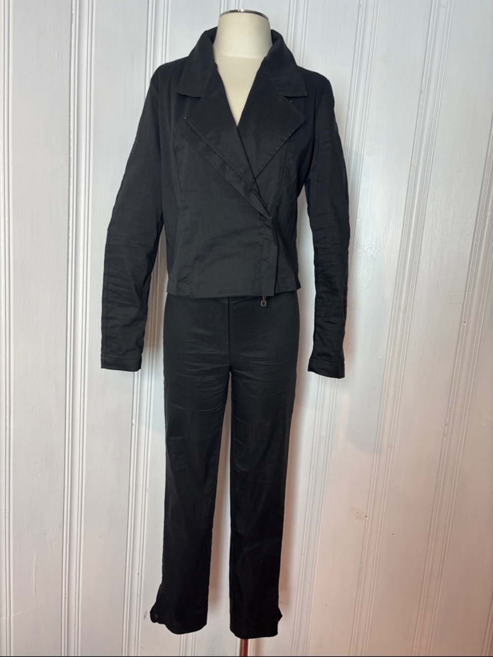SARAH PACINI Black Techno Linen Moto Jacket & Pants Set – Size S/M
